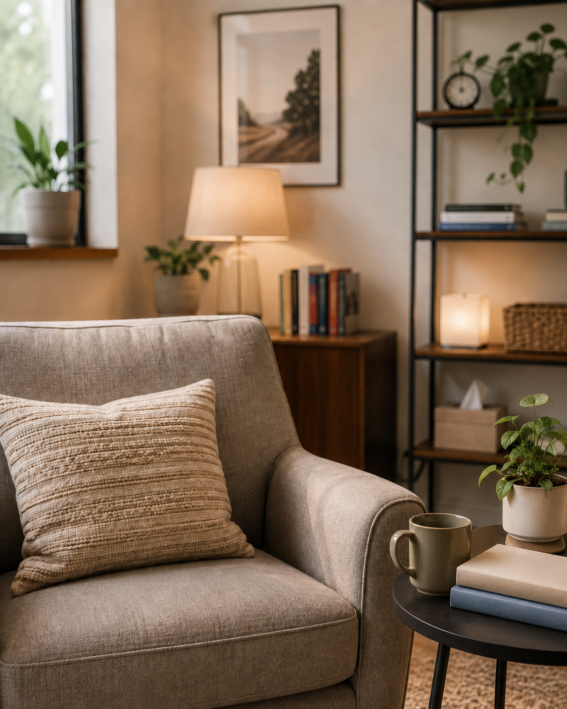 Cozy living room with beige couch and textured throw pillow, side table with plants, books, mug, and decorative objects, underscored by soft warm lighting and decorative art.