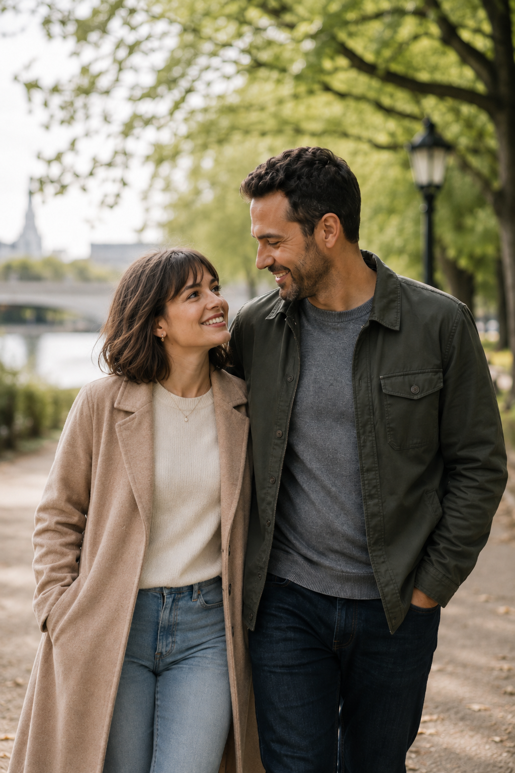 A couple smiling and looking at each other while walking outdoors in a park with trees and a river in the background.