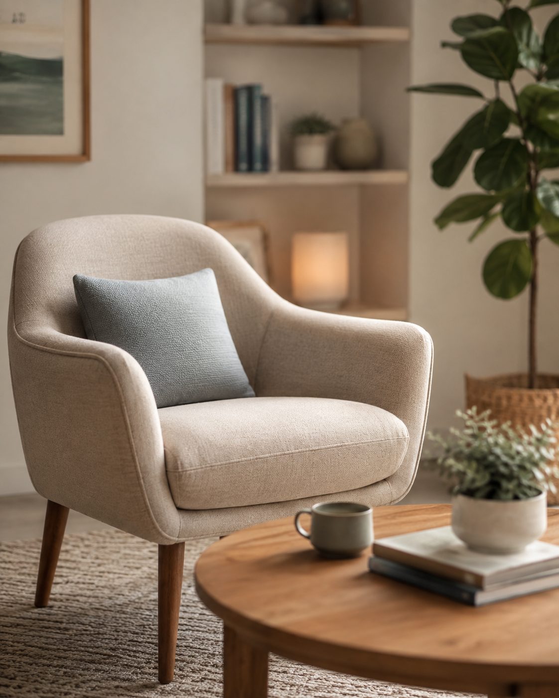 Cozy living room with beige armchair, light blue pillow, wooden coffee table, potted plant, bookshelf, and warm lighting.