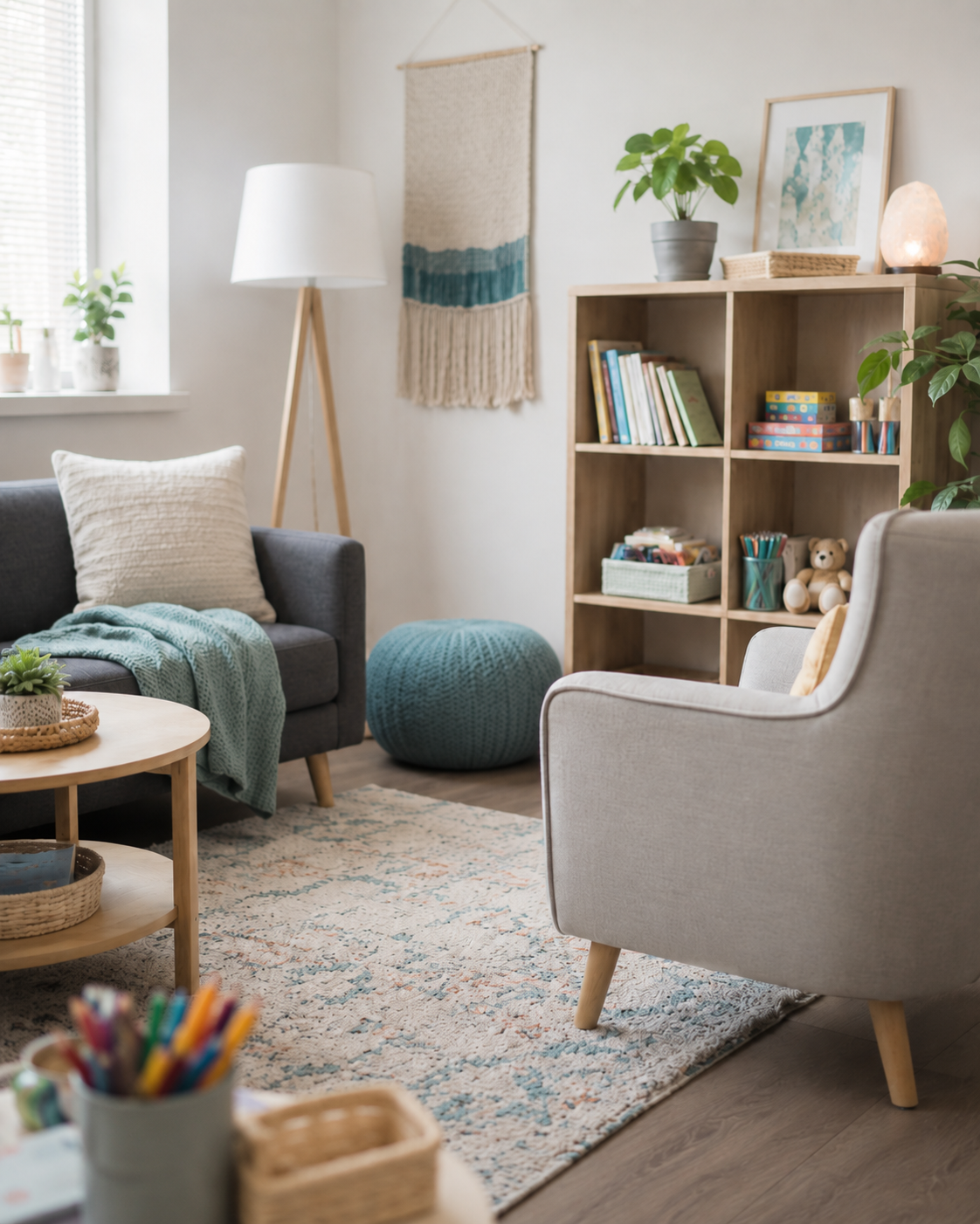 A cozy living room with a gray sofa, a white armchair, a wooden coffee table, a bookshelf with books and toys, a potted plant, a lamp, and a woven wall hanging, all illuminated by natural light from a window.
