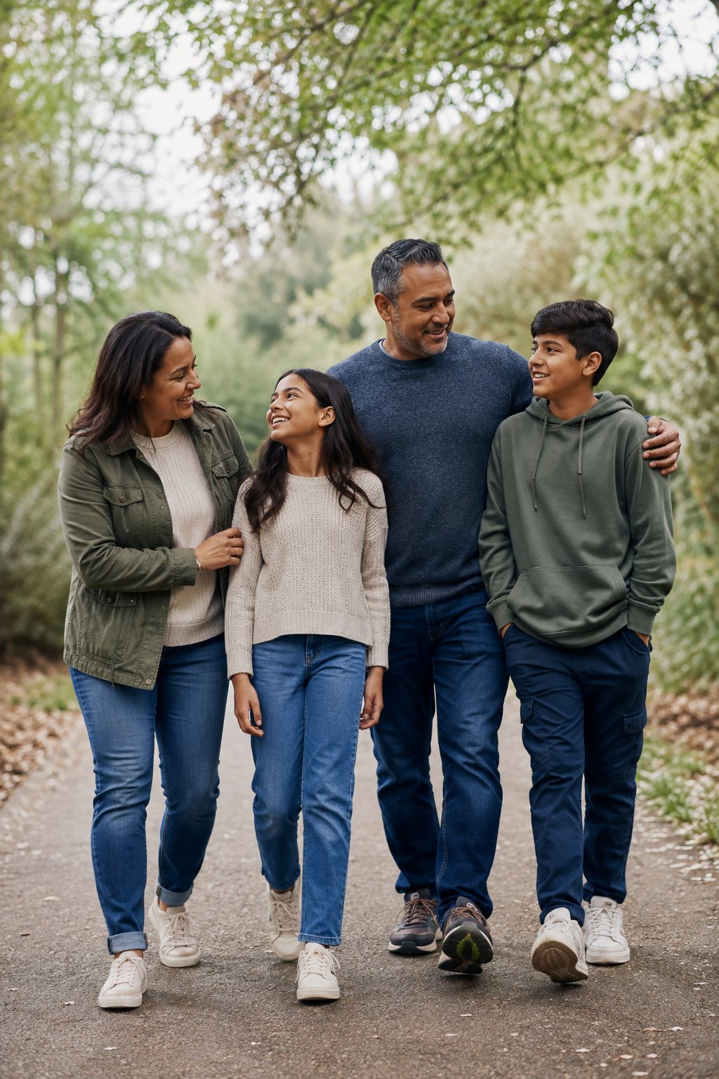A family of four walking together outdoors in a park during autumn, smiling and enjoying each other's company.