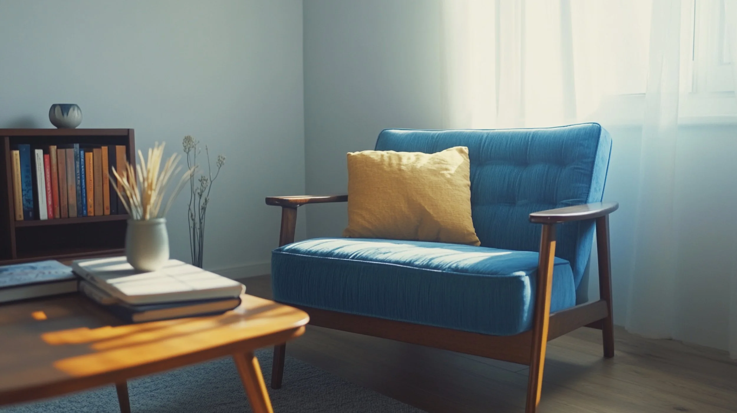 A cozy living room corner with a blue armchair featuring a yellow pillow, next to a small wooden side table, a bookshelf with books, and a vase with dried flowers, illuminated by sunlight through sheer curtains.