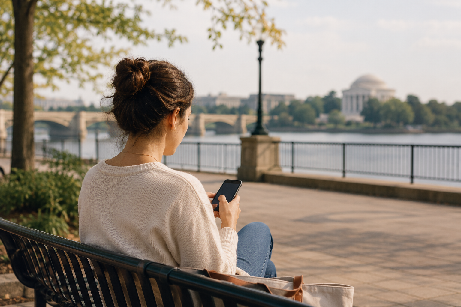 Woman sitting on a park bench looking at her phone, with the Washington Monument and the Arlington Memorial Bridge in the background.