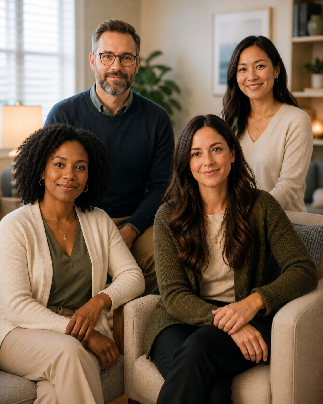Group of four diverse adults posing together indoors, smiling, with a cozy living room background.