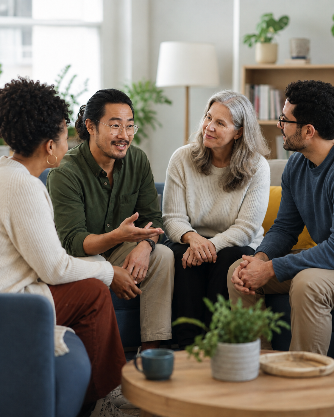 Five diverse people having a conversation in a living room with a bookshelf, plants, and a window in the background.
