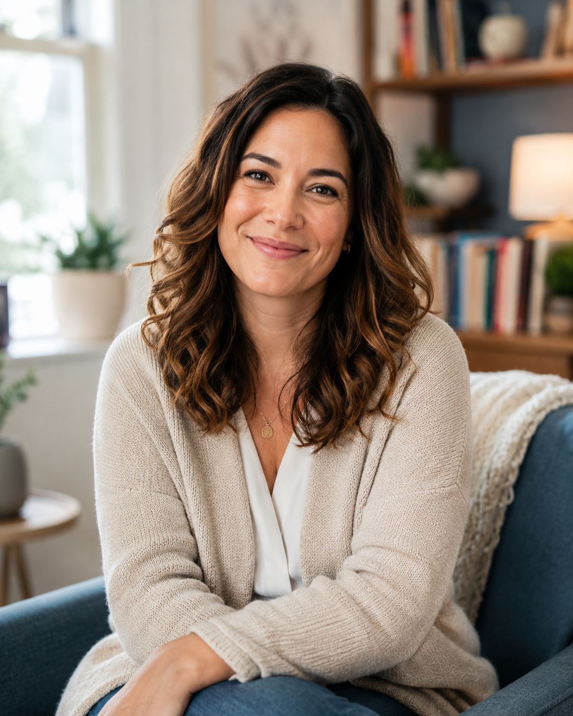 A woman with brown, wavy hair sitting on a sofa in a cozy living room, smiling at the camera.