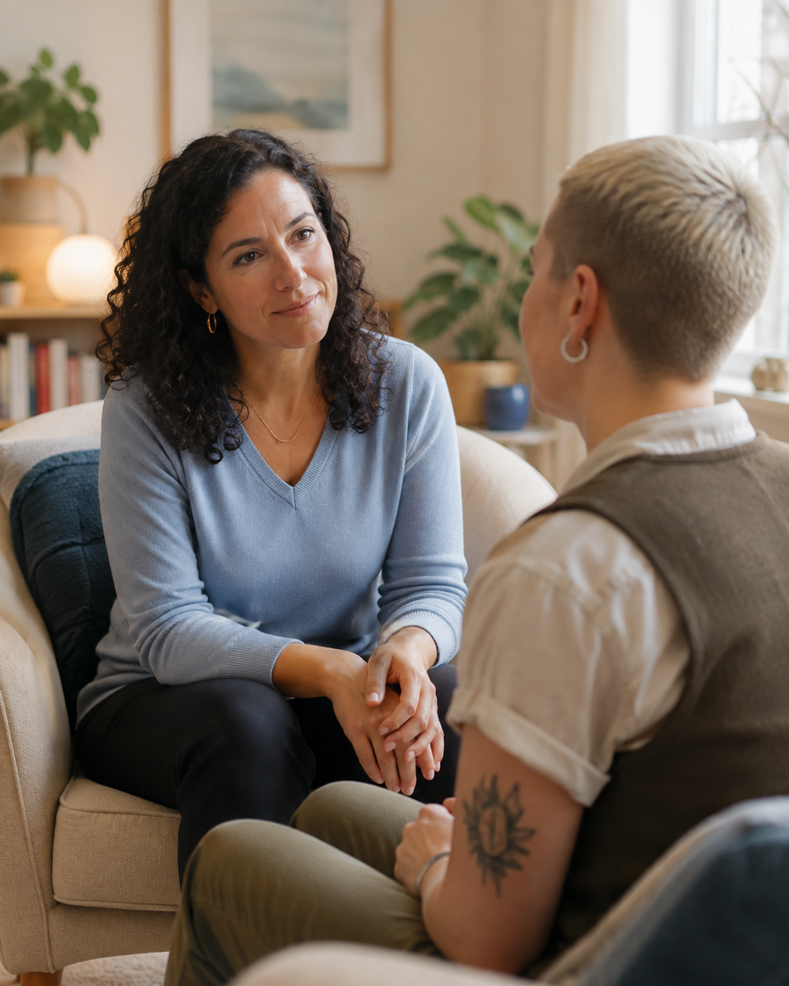 A woman with dark curly hair and a light blue sweater sits on a beige sofa talking to a person with short blonde hair and a tattoo on their arm, in a living room with plants and artwork.