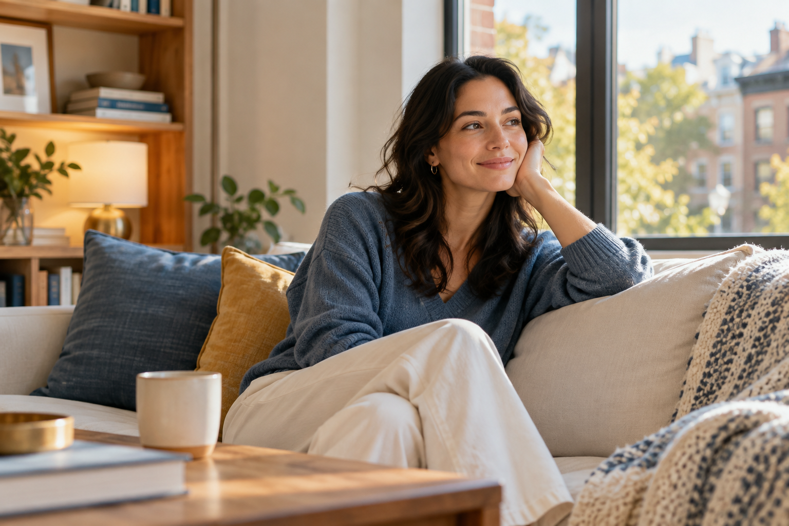 A woman with dark wavy hair, wearing a blue sweater, sitting on a beige couch with her hand resting on her cheek, smiling and looking out a large window with buildings and trees outside.