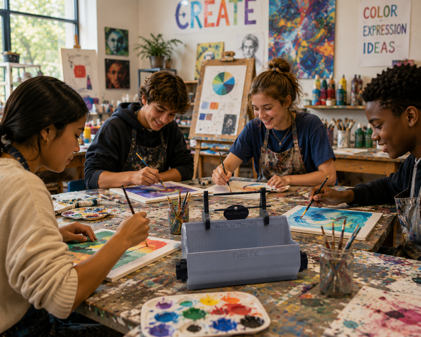 Group of five young people painting watercolors at a table in an art studio.