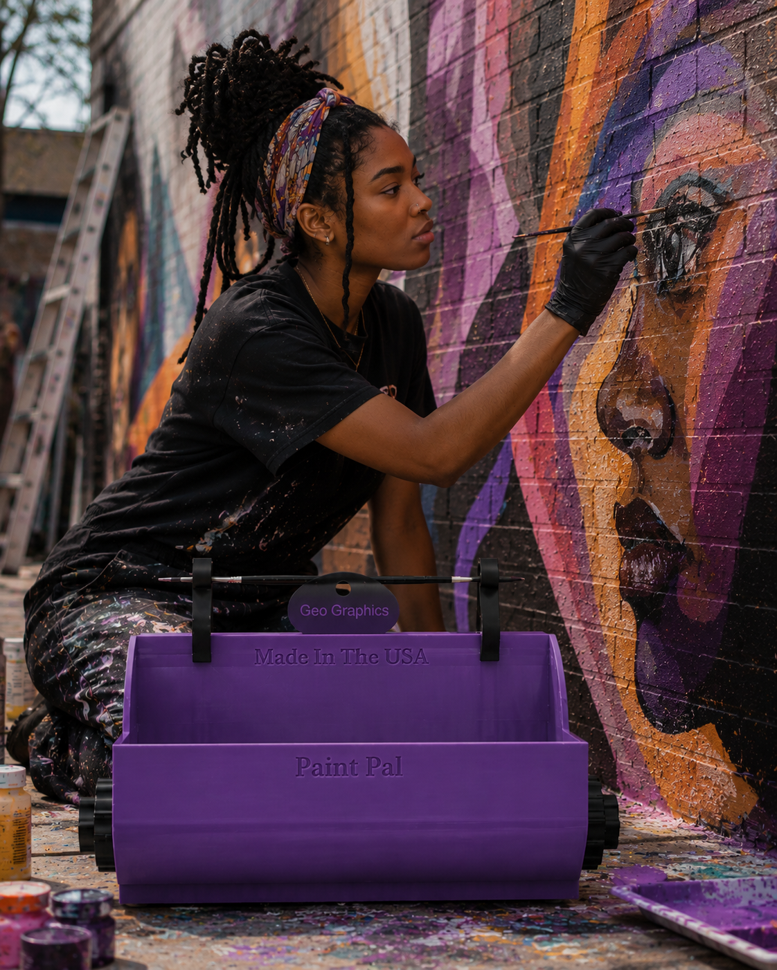 An artist with dreadlocks and a colorful headband painting a mural of a woman's face on a brick wall. She is wearing a black t-shirt with paint stains, black gloves, and kneeling over purple paint supplies labeled 'Geo Graphics' and 'Made In The USA' on a purple container.
