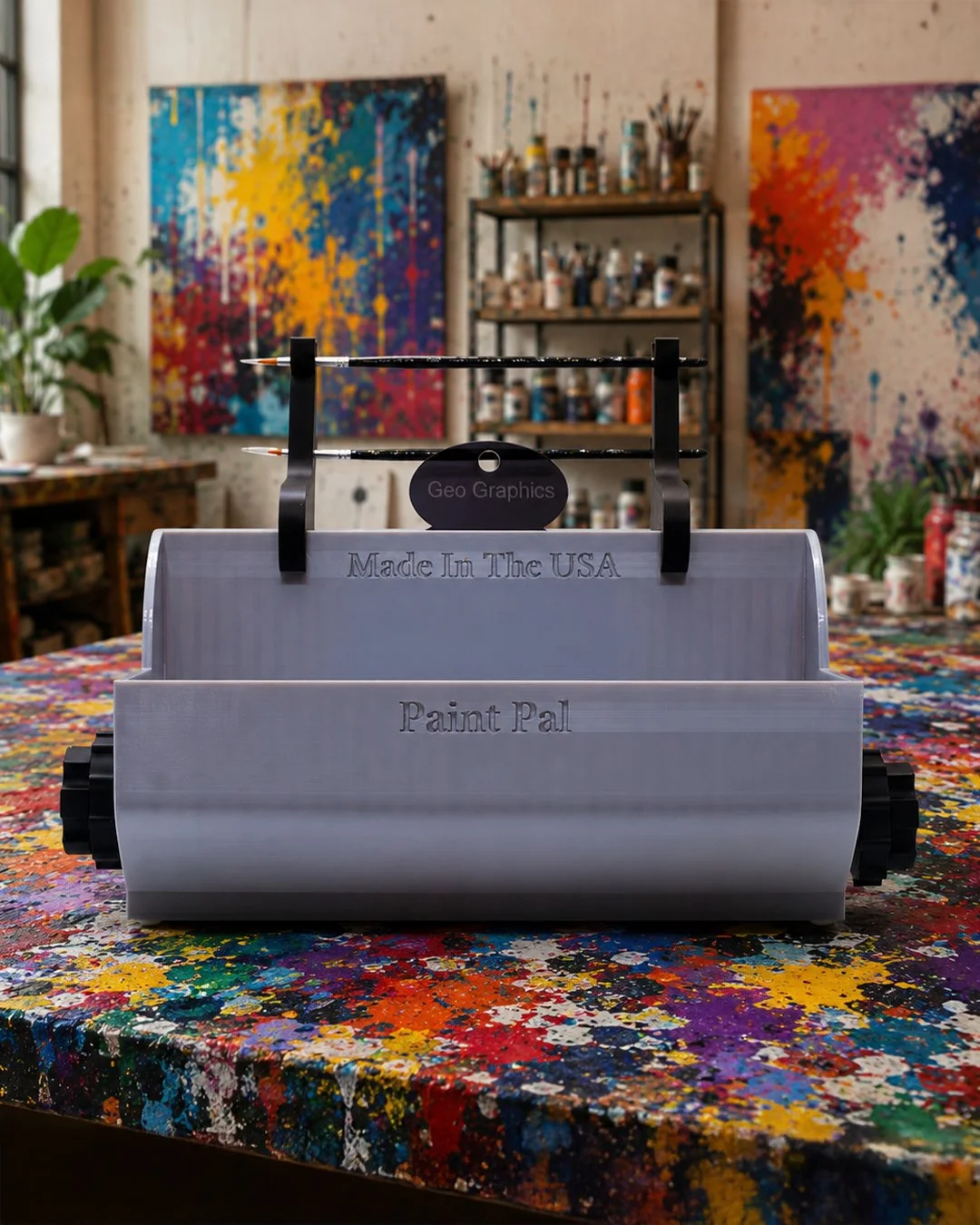 A paint roller with a handle, labeled "Paint Pal" and "Made in The USA," is sitting on a colorful, splattered painting table in an art studio, with abstract colorful paintings and shelves of paint bottles in the background.