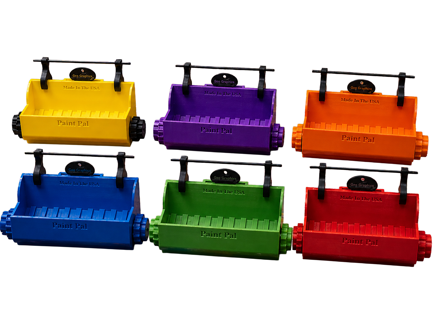 Six colorful paint roller trays in yellow, purple, orange, blue, green, and red, arranged in two rows, each labeled 'Paint Pal' and 'Made in the USA' with black clip attachments.