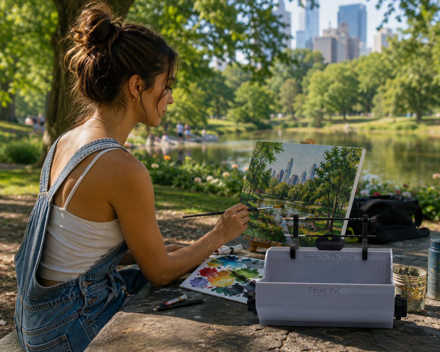A woman painting a landscape of a city skyline in a park on a sunny day, sitting next to her art supplies on a stone table.