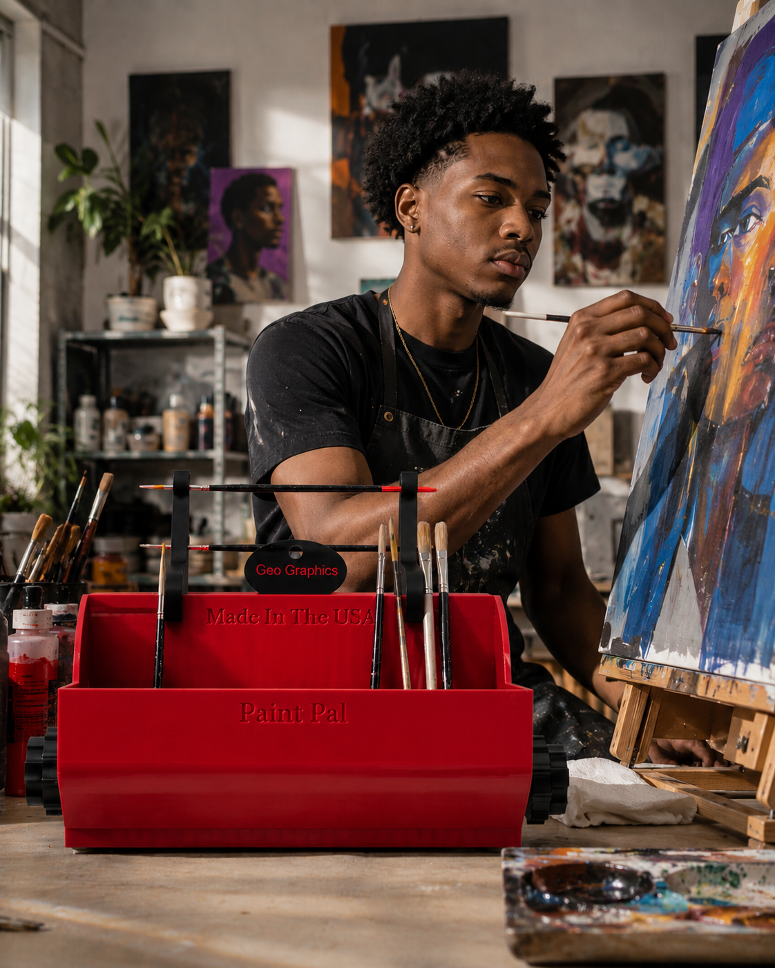 A young man painting on a canvas in an art studio, surrounded by paintings and art supplies, with a large red paint box labeled 'Paint Pal' and 'Geo Graphics' in the foreground.