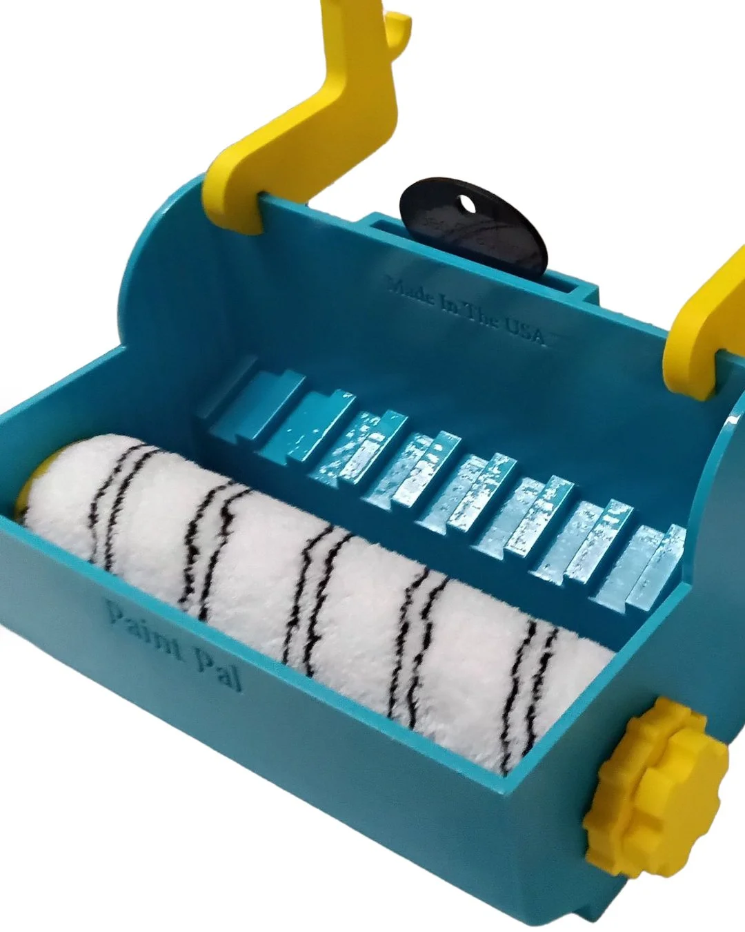 A small blue toy paint roller with yellow accents, a black handle, and striped black and white paint roller.