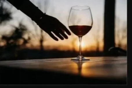 A glass of red wine on a table outdoors during sunset, with a person's hand reaching towards the glass.