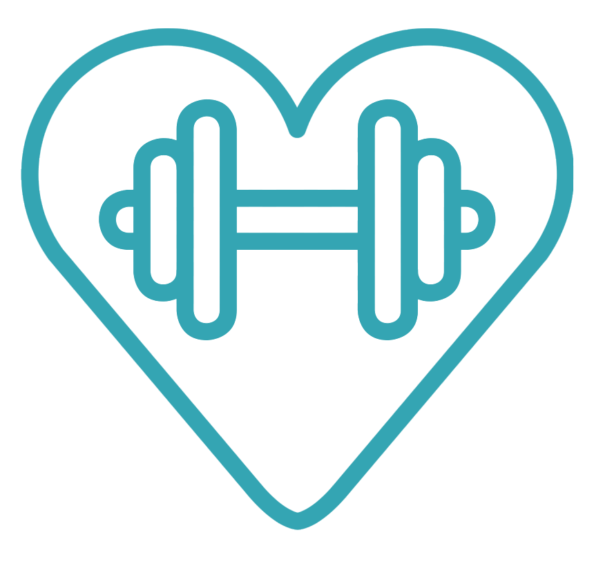 Outline of a heart with a dumbbell and heartbeat line inside.