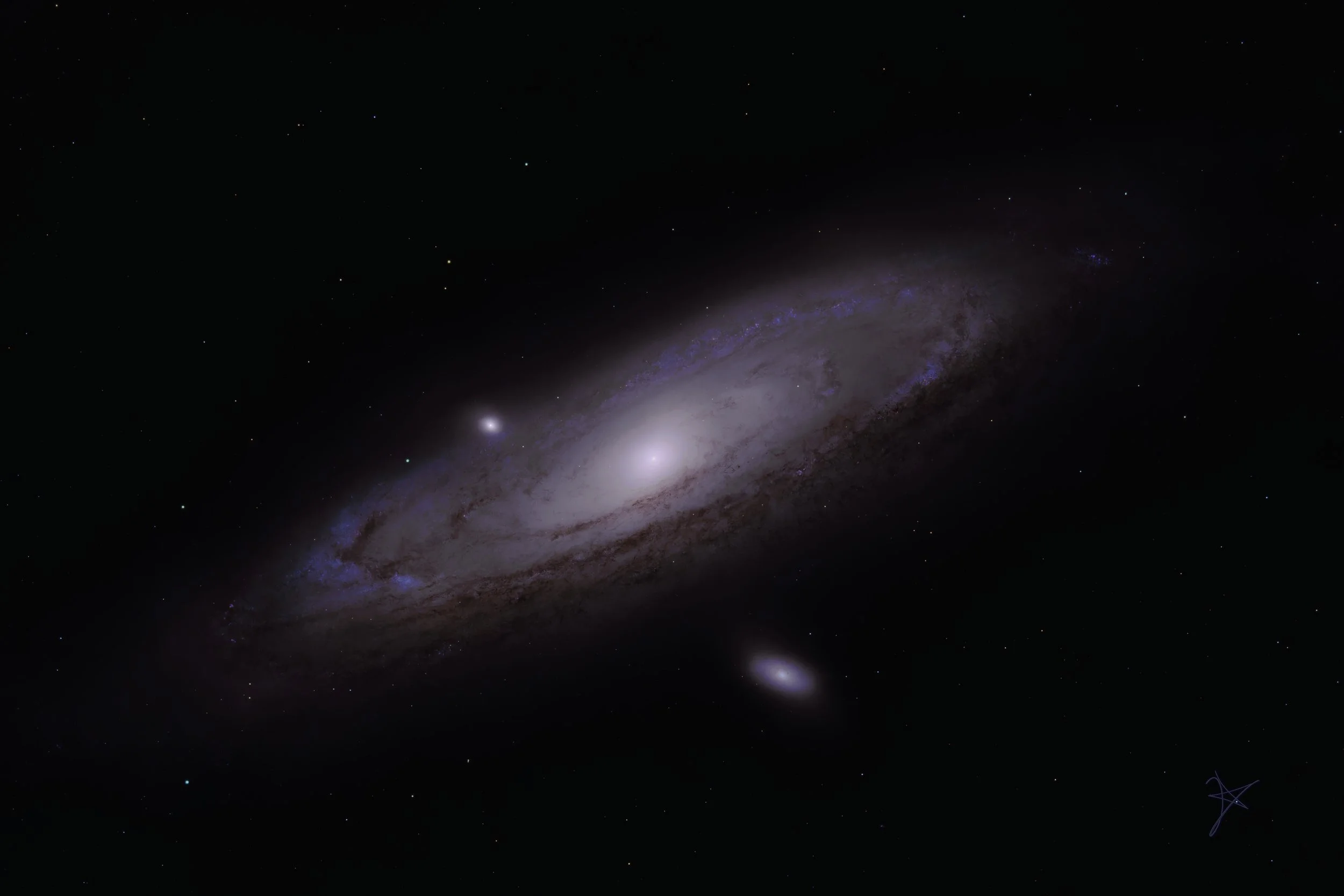 Deep-sky image of the Andromeda Galaxy, showing its bright central core, sweeping spiral dust lanes, and surrounding star field.