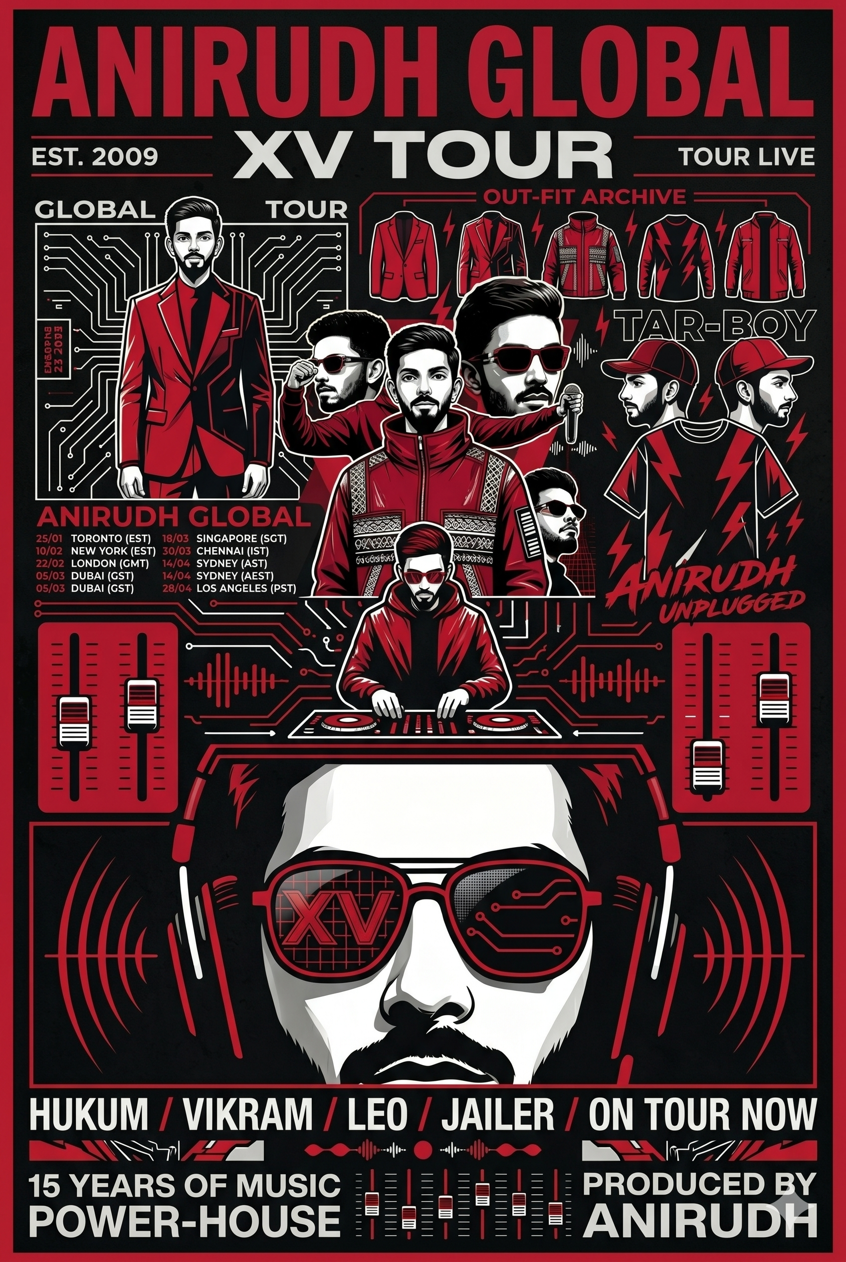 Concert poster for Anirudh Global XV Tour with artwork of a man in sunglasses, DJ setup, and images of various outfits, indicating a music event in multiple cities, emphasizing 15 years of music by Power-House, produced by Anirudh.