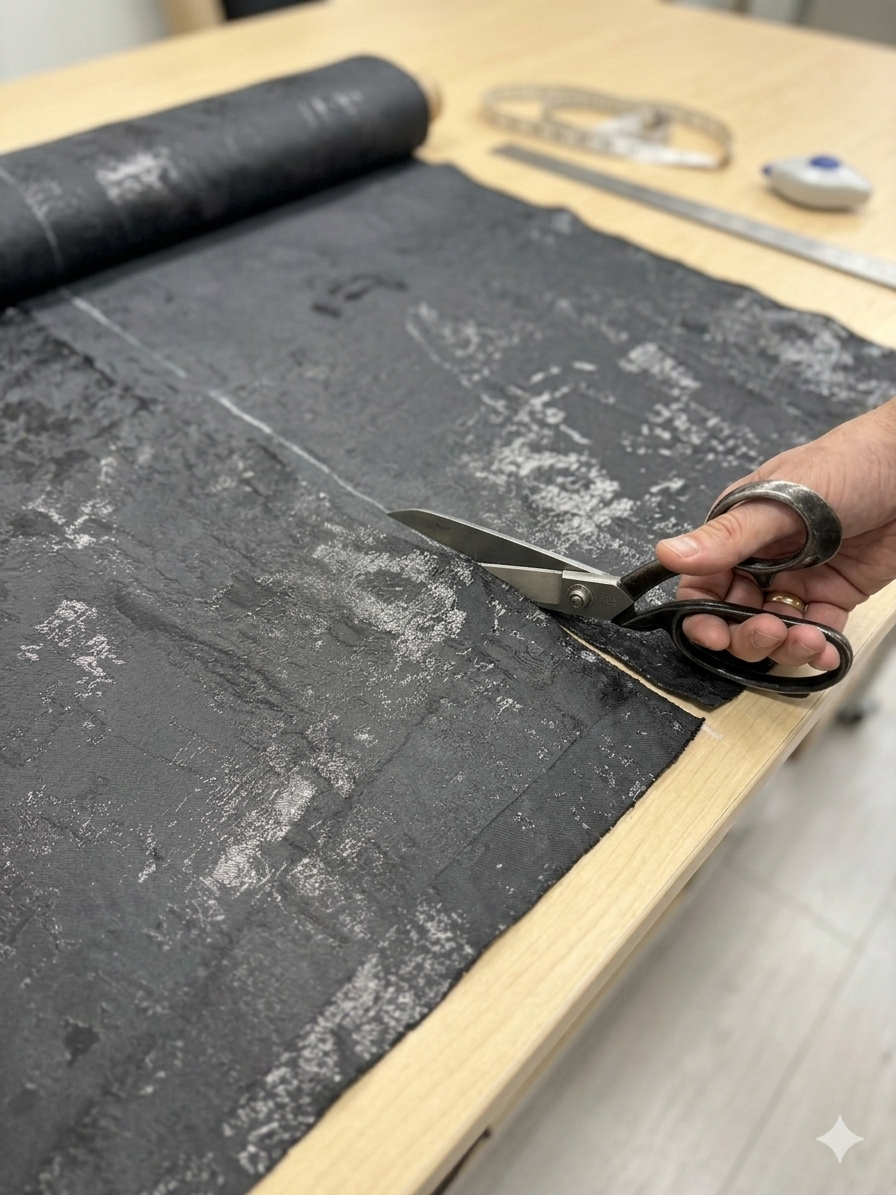 Joel cutting fabric