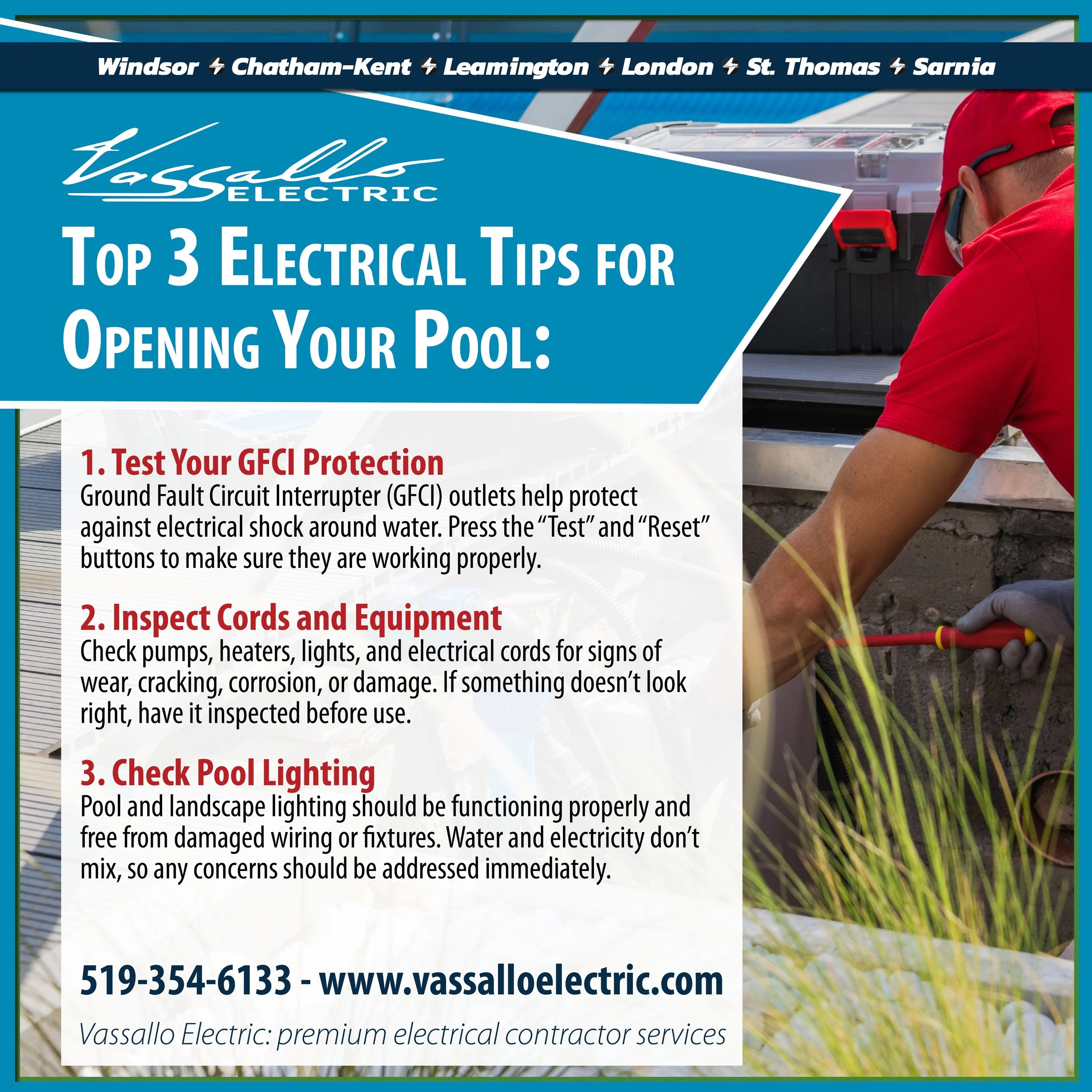 ☀️ Pool season is here! Before you dive in, take a few minutes to make sure your pool's electrical systems are safe and ready for summer.
Here are our Top 3 Electrical Tips for Opening Your Pool:
⚡ 1. Test Your GFCI Protection
Ground Fault Circuit In