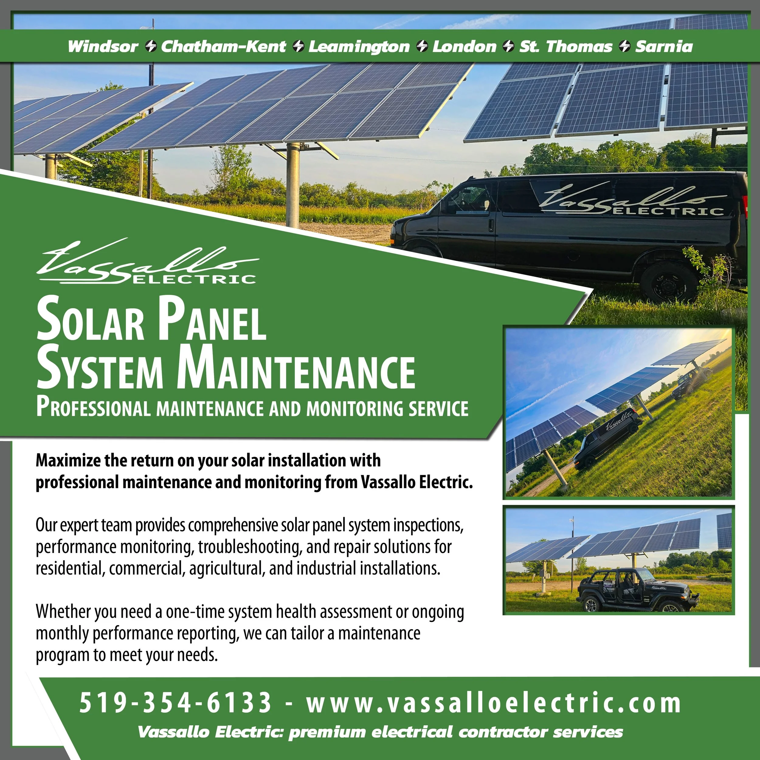 ☀️Solar Panel System Maintenance☀️
Maximize the return on your solar installation with professional maintenance and monitoring from Vassallo Electric. Our expert team provides comprehensive solar panel system inspections, performance monitoring, trou