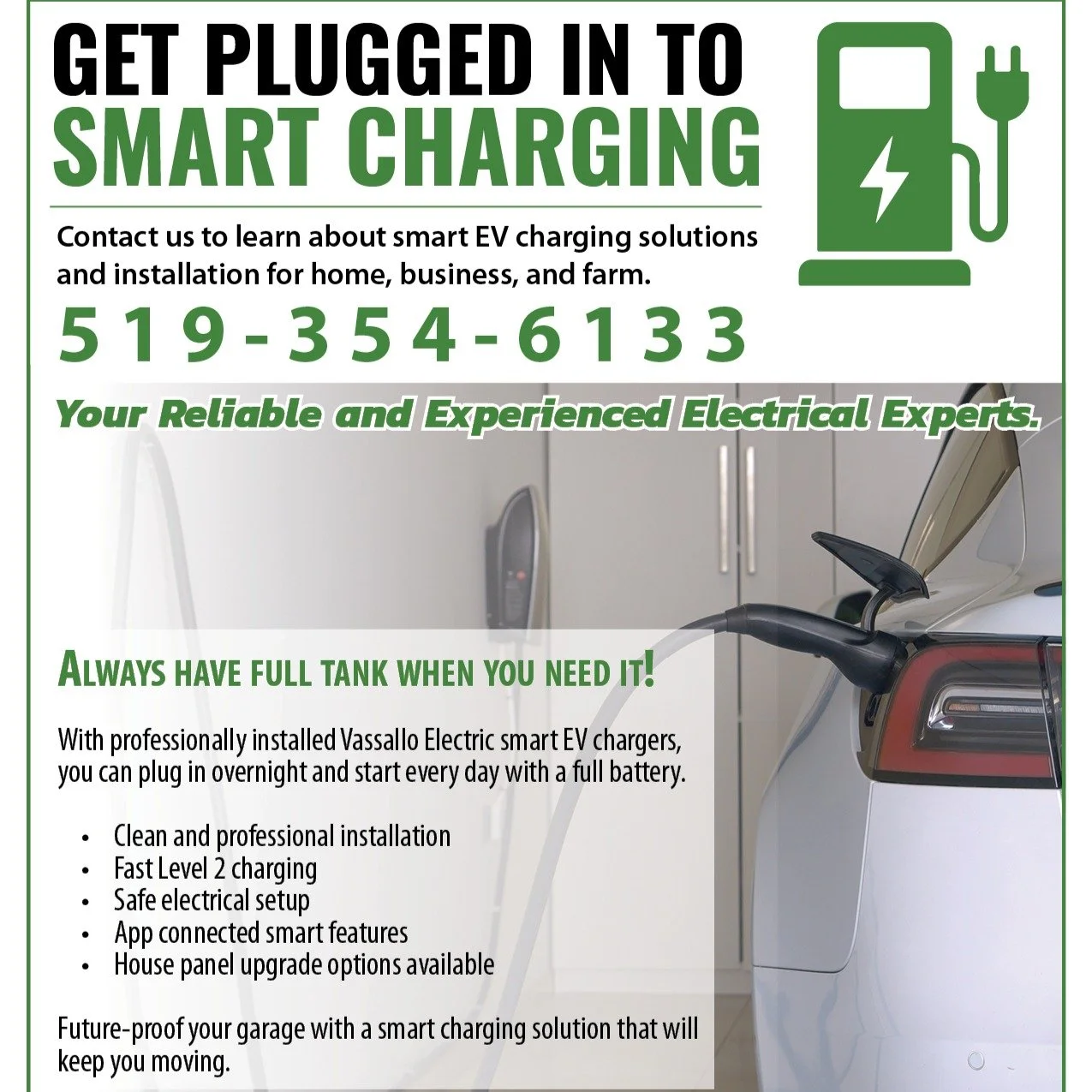 Electric Vehicle Charging Solutions: for your home, business, or farm 🚗🛻🚜
🔋Always have full tank when you need it!🔋
With professionally installed Vassallo Electric smart EV chargers, you can plug in overnight and start every day with a full batt