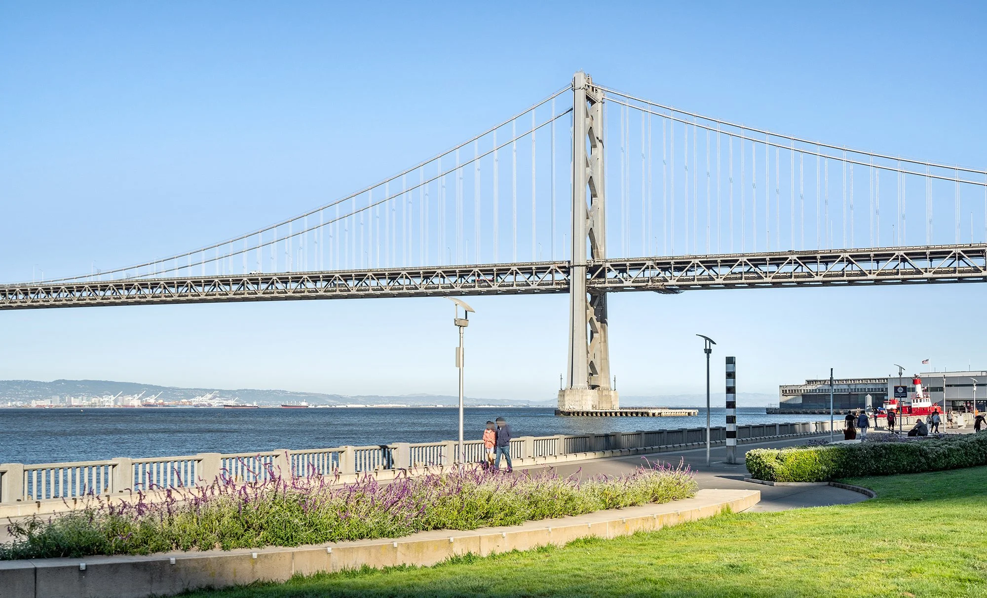A large suspension bridge over water with a city skyline in the background, a waterfront walkway with people, lampposts, and pink flowers in the foreground.