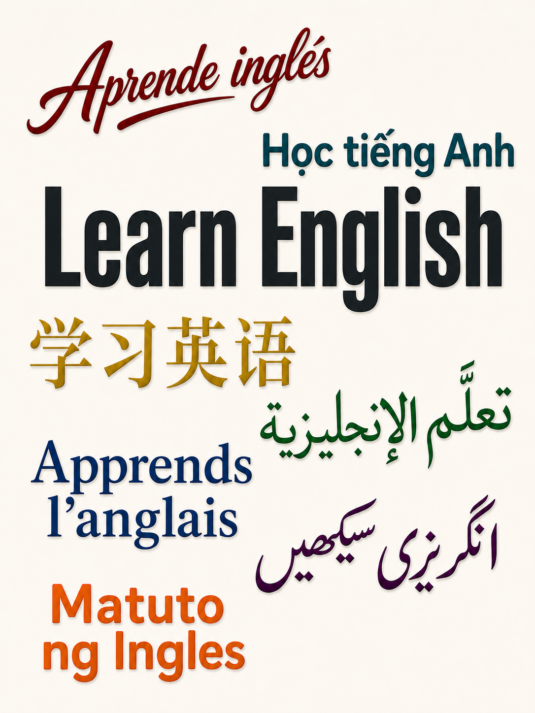 Multilingual text promoting learning English, with phrases in English, Spanish, Chinese, Arabic, and other languages, on a plain background.