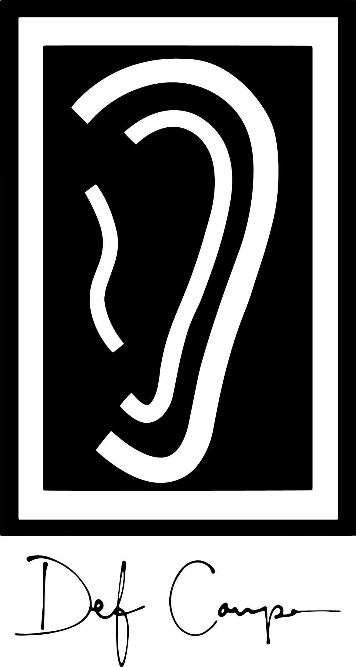 Black and white graphic with an abstract ear illustration and the signature 'Def Campus' at the bottom.