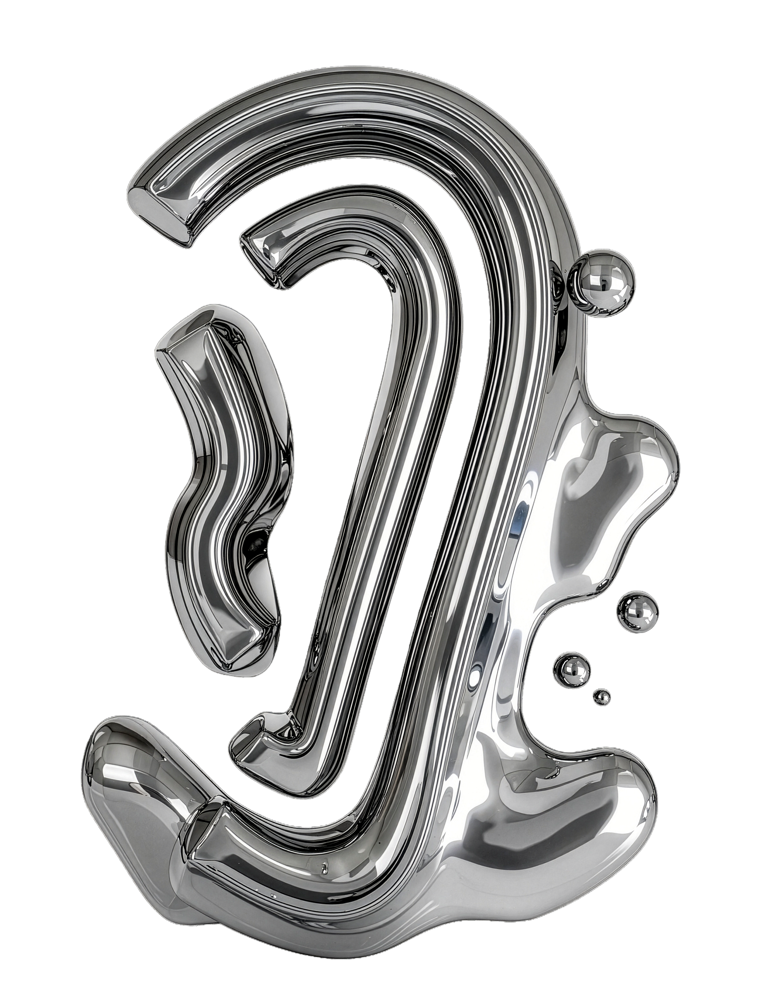 A metallic, shiny abstract ear and Def Campus logo with a reflective surface and a few small round bubbles on a black background.