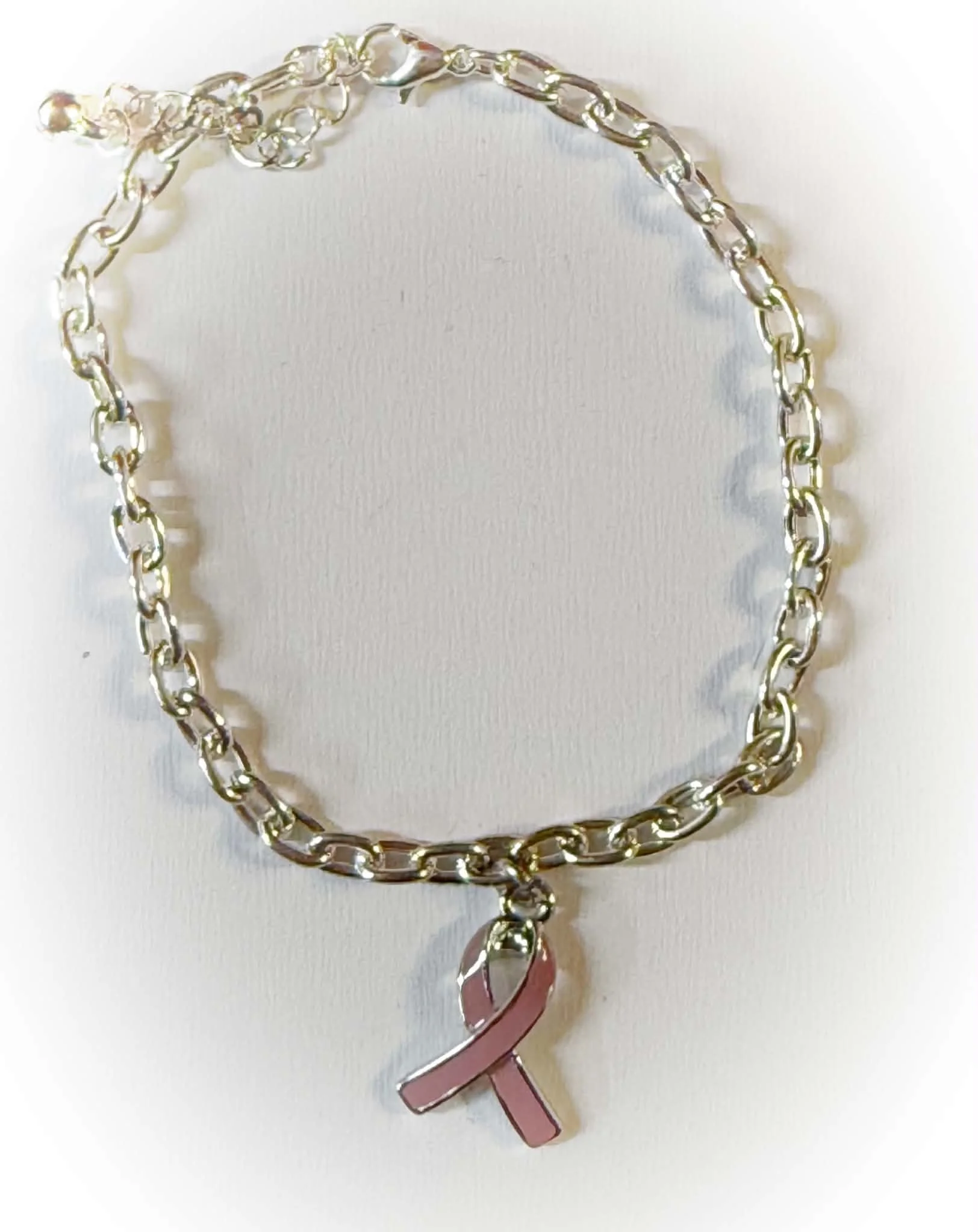 Pink Awareness Ribbon Charm Bracelet – Silver Tone Chain – Adjustable