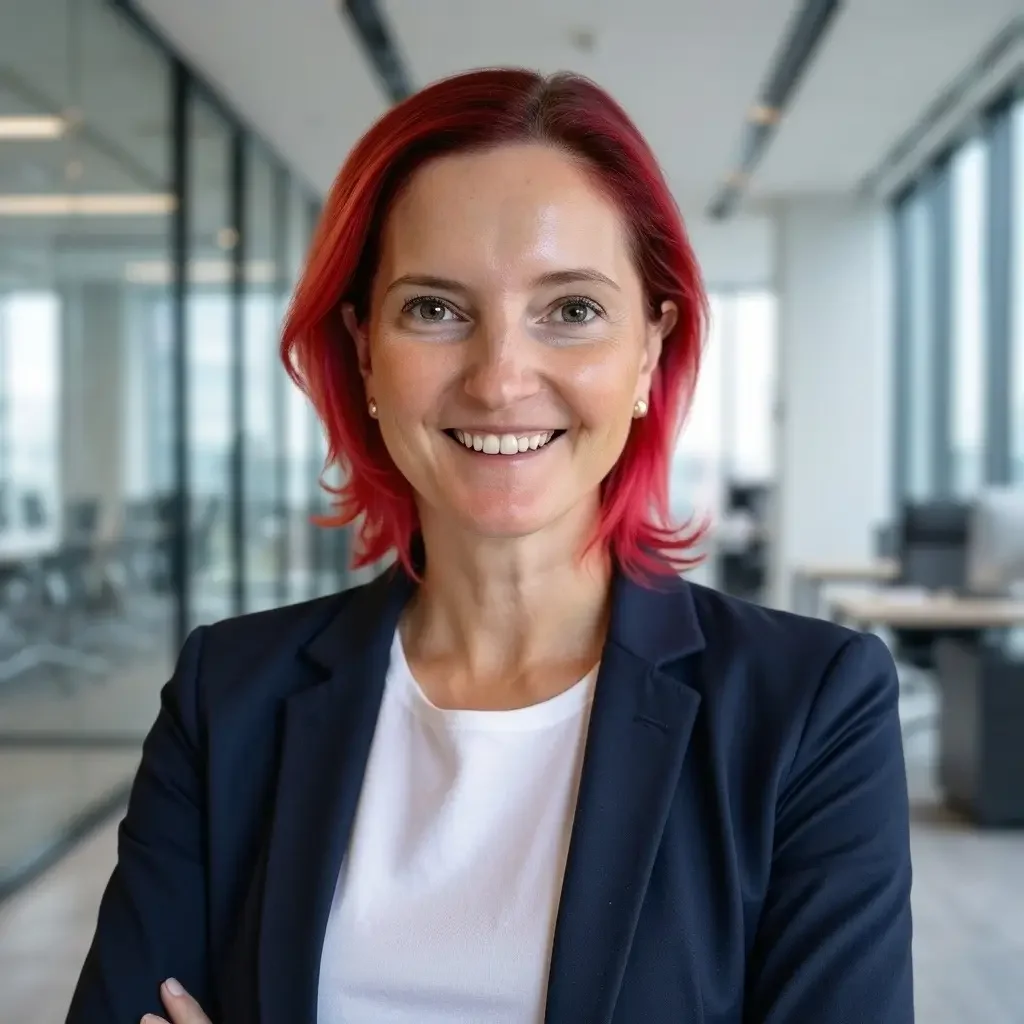 A smiling woman with shoulder-length red hair wearing a navy blazer and white shirt in an office setting.