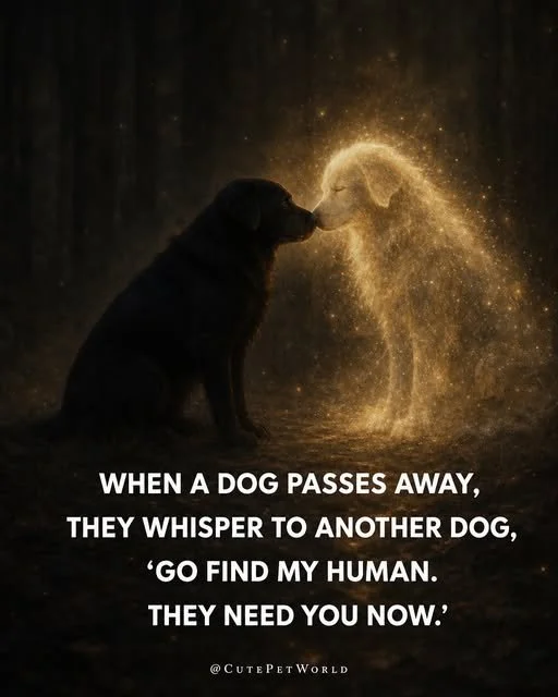 A black dog sitting on the ground in front of a glowing, ethereal dog with glowing effects. Text overlays the image, reading: "When a dog passes away, they whisper to another dog, 'Go find my human. They need you now.'"