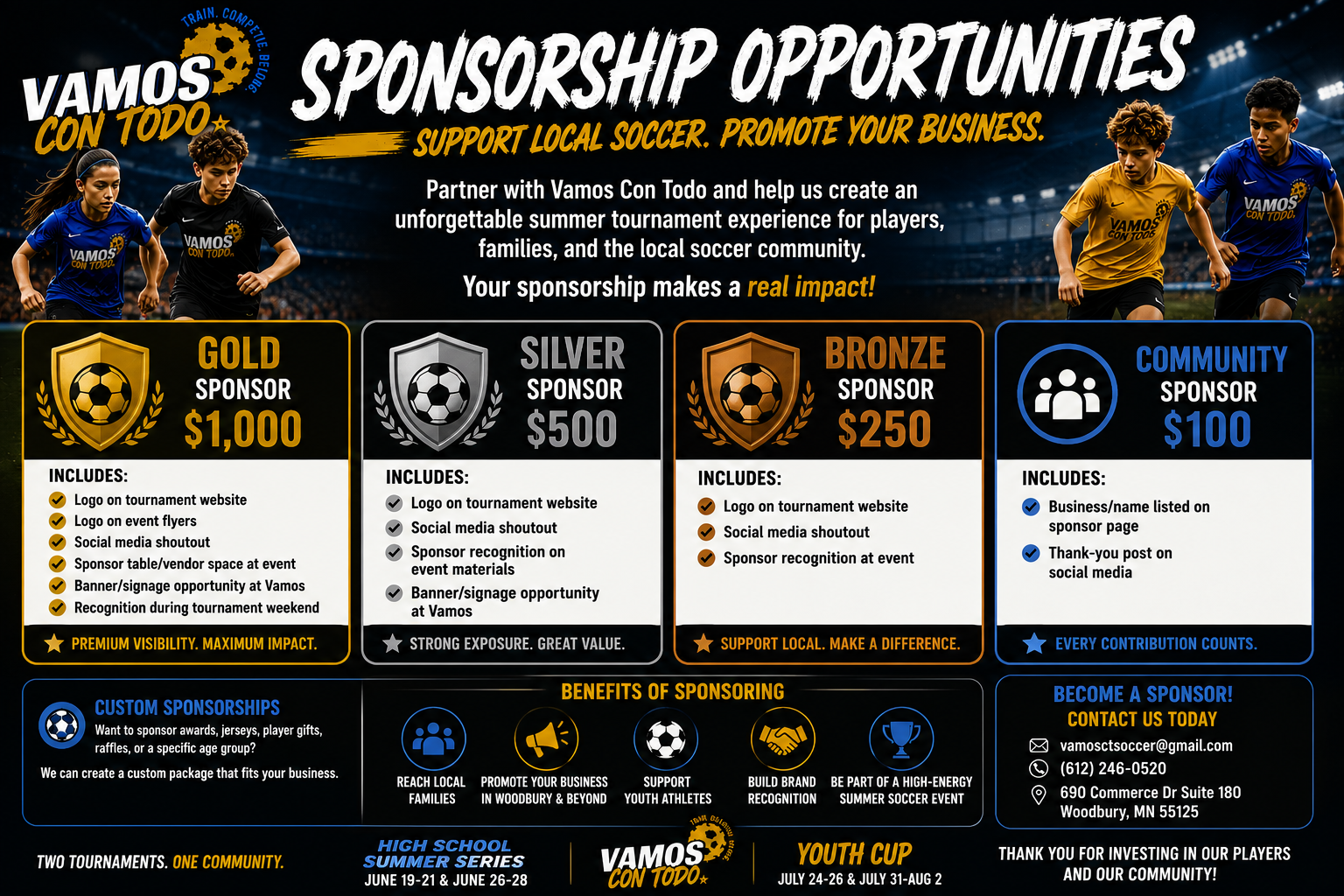 A promotional infographic for Vamos Con Todo sponsorship opportunities for supporting local soccer. It details different sponsorship levels (Gold, Silver, Bronze, Community) with their costs and benefits, and encourages businesses to become sponsors to support community soccer events.