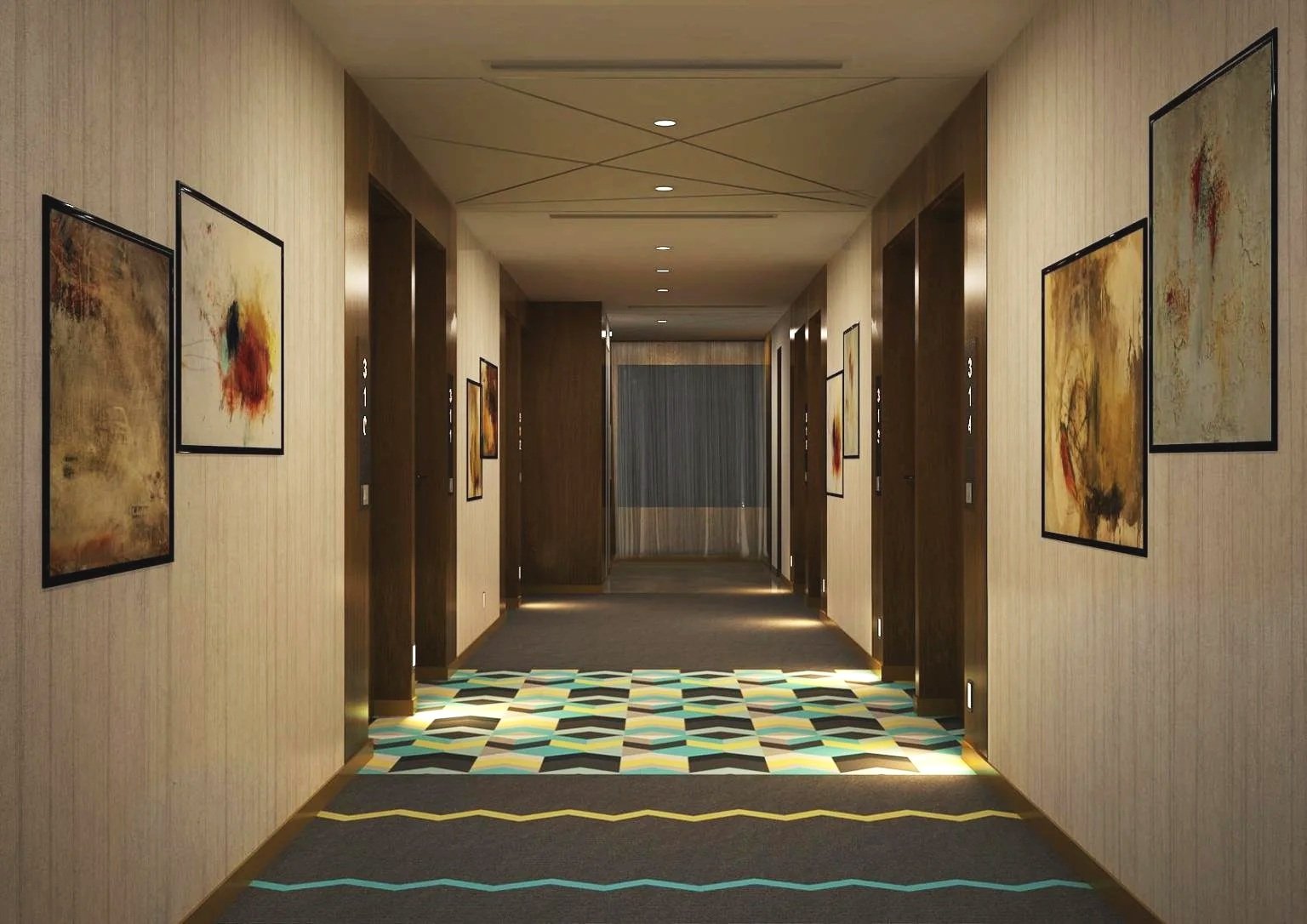 Hotel hallway with elevator doors on each side, artwork on the walls, and a patterned carpet.