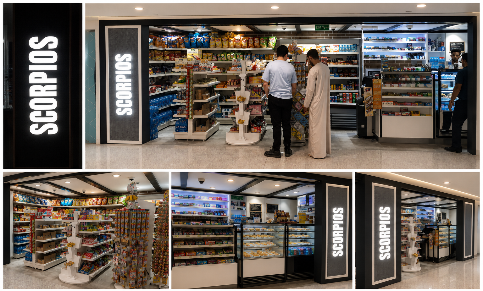 View of a snack shop named 'Sorpios' with shelves stocked with chips, chocolates, snacks, and baked goods, and a display case with cheeses or desserts, with a few customers shopping.