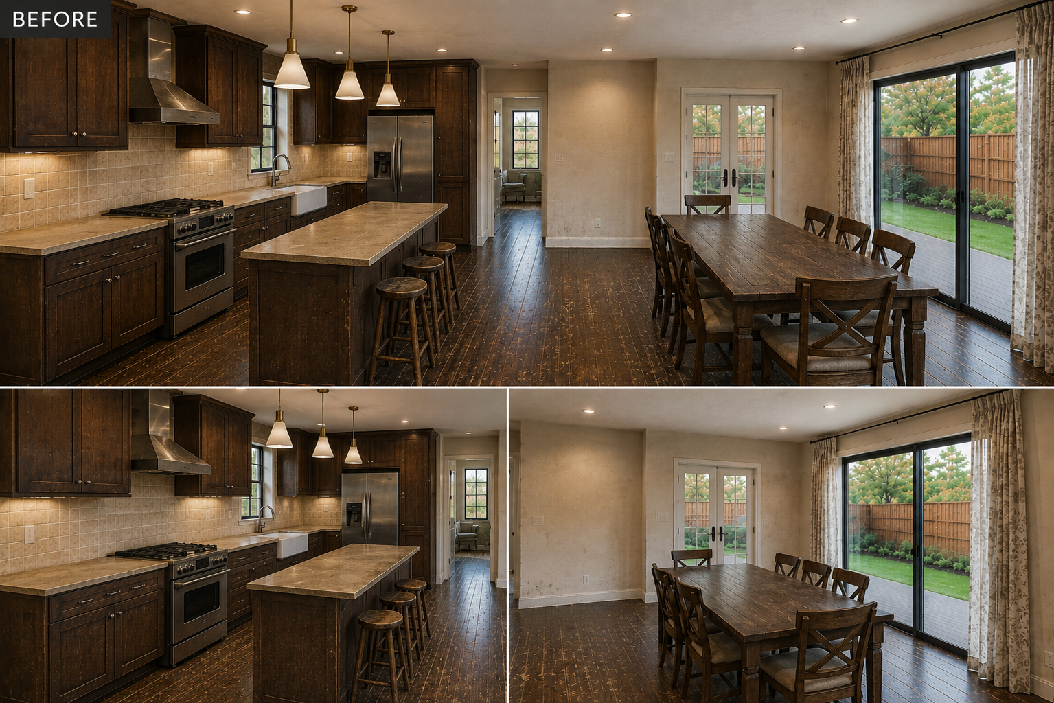 Before and after images of a kitchen and dining area. The kitchen has dark wooden cabinets, a beige backsplash, stainless steel appliances, and a beige countertop island with three stools. The dining area features a wooden table with eight chairs, large windows, and sliding glass doors leading outside to a backyard with a wooden fence and trees.