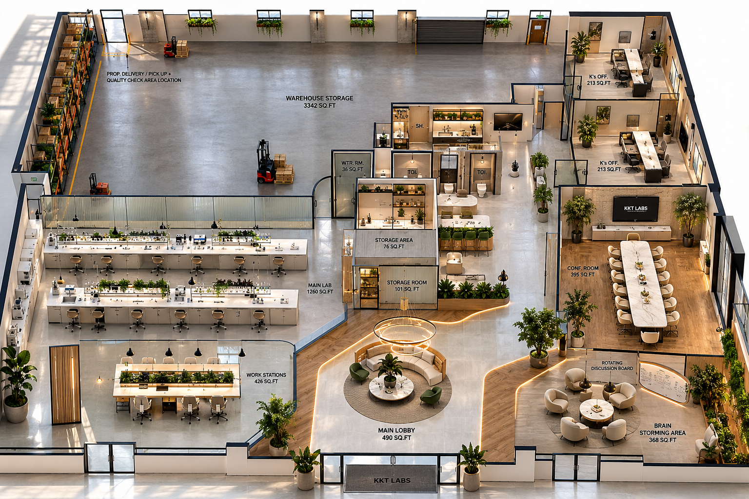 A detailed floor plan of a modern office space featuring work stations, conference rooms, a lobby, storage areas, and a warehouse, with labeled square footage for each section.