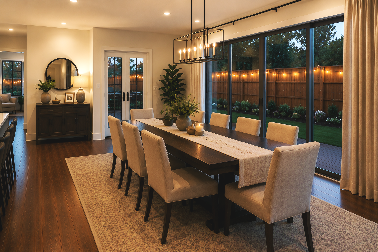 Dinner dining room with a large wooden table, eight beige upholstered chairs, a beige table runner, candles, a vase with greenery, a large window with curtains, and a view of a backyard with string lights.