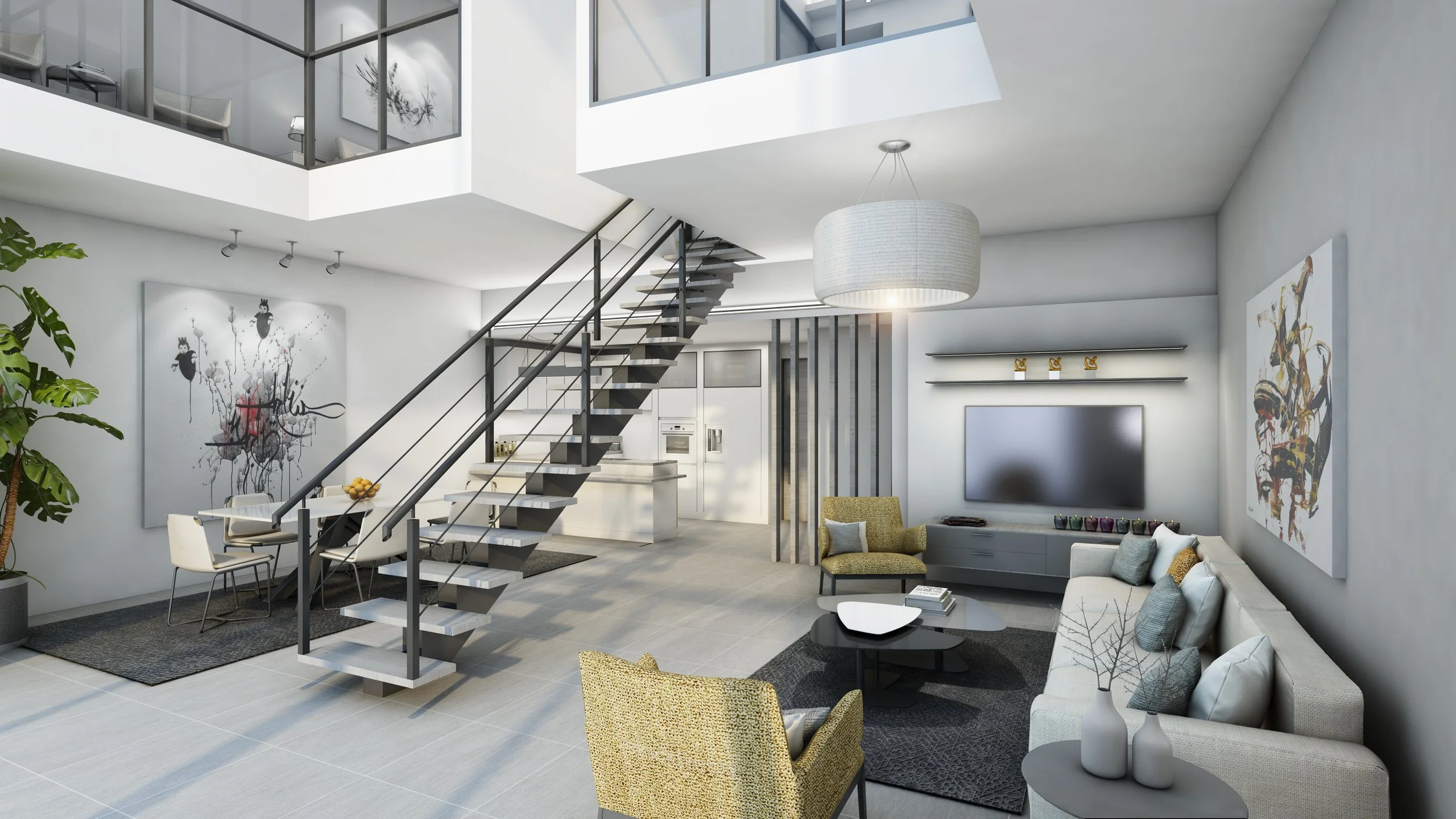 Modern living room with white walls, abstract artwork, a large flat-screen TV, a gray sofa with assorted pillows, a round black coffee table, and an olive-green armchair, with a staircase leading to a loft area and a high ceiling with large windows.