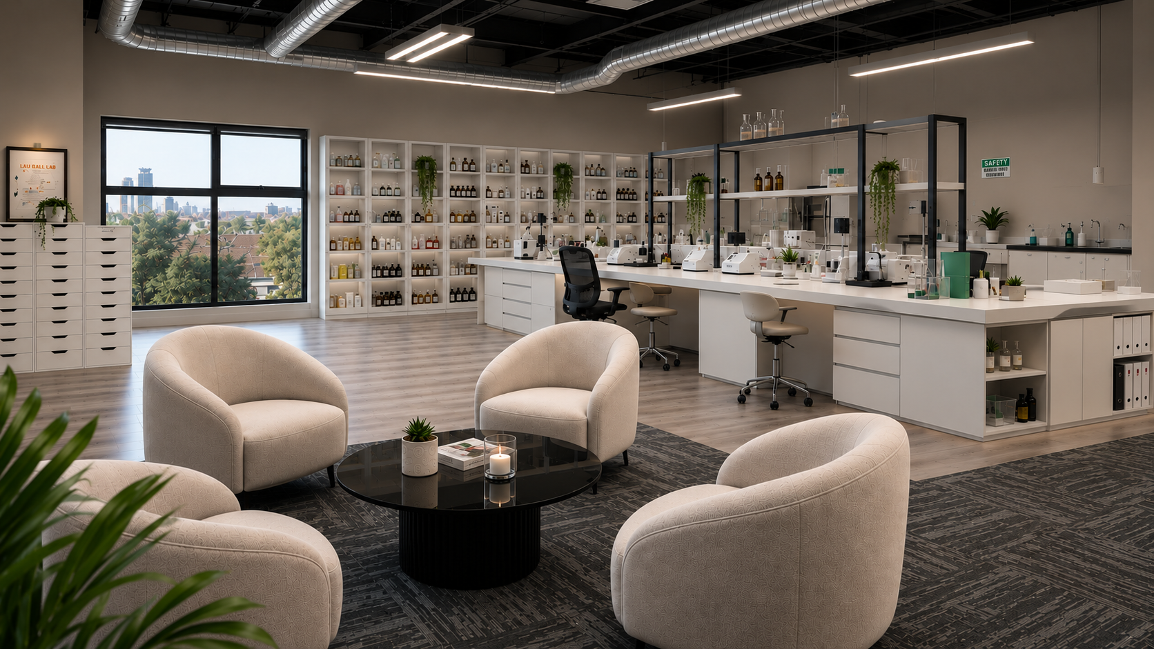 Modern laboratory with white countertops, scientific equipment, and glassware, adjacent to a lounge area with beige chairs, a black coffee table, and plants, in a room with large window and city view.