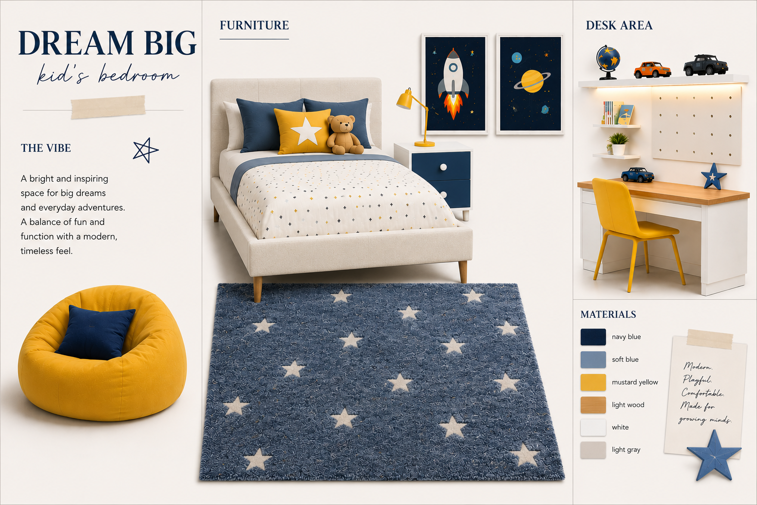 A kid's bedroom decorated in a space theme with a bed, desk area, and cozy seating. The bed has a neutral upholstered frame with navy blue and mustard yellow pillows, a teddy bear, and star-themed bedding. A navy blue star-patterned rug covers the floor. The desk area features a white desk, yellow chair, and space-themed decor. Two space art prints hang above the bed, and a side table with a yellow lamp is nearby. The room has a color palette of navy blue, soft blue, mustard yellow, light wood, white, and light gray.