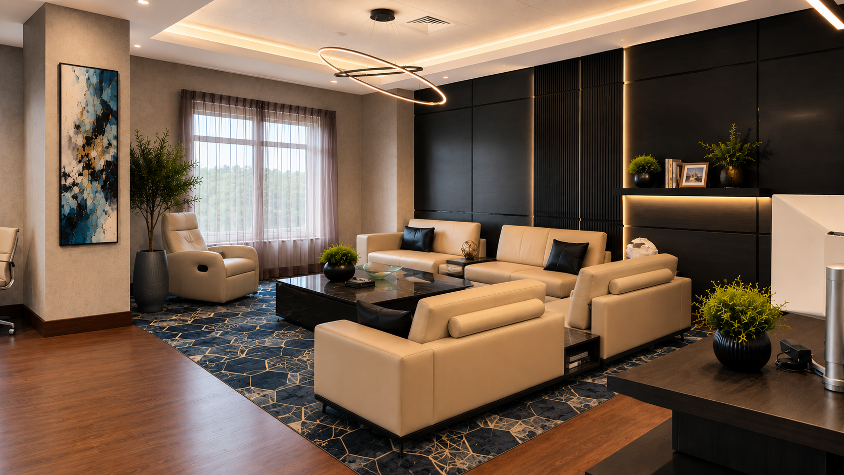 Modern living room with cream leather sofas, black accent pillows, a black coffee table, and a patterned rug. There are large windows with sheer curtains, potted plants, abstract artwork, and contemporary lighting fixtures in a warmly lit, elegant space.