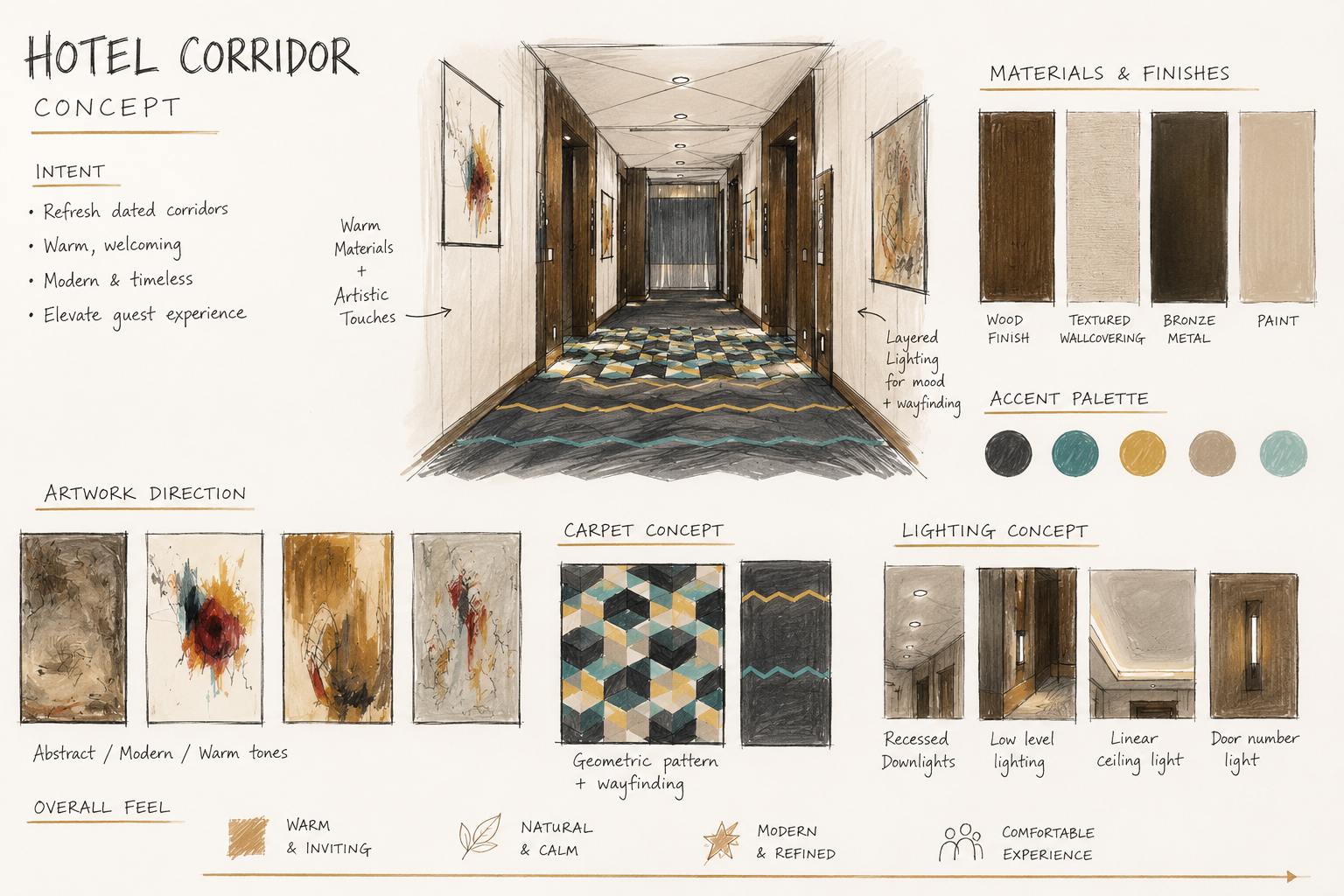 Concept design for a hotel corridor featuring warm, modern tones with layered lighting, geometric patterned carpet, and abstract artwork on the walls.