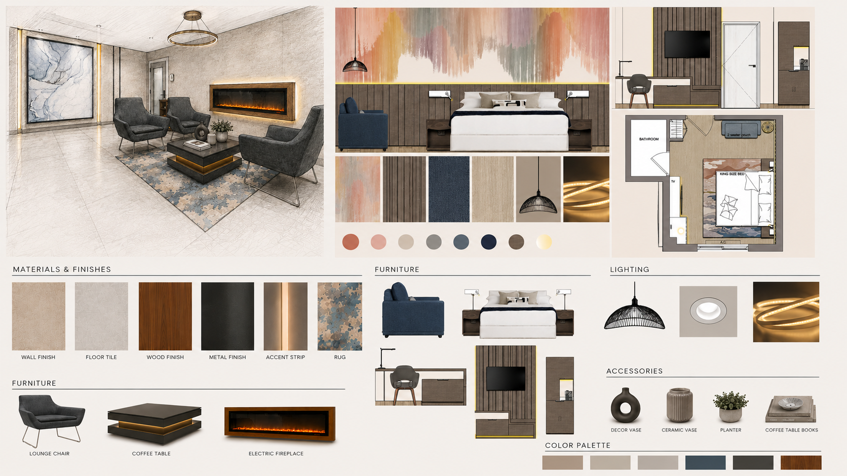 Interior design mood board featuring modern living room, bedroom, and layout plans with materials, finishes, furniture, lighting, accessories, and color palette.