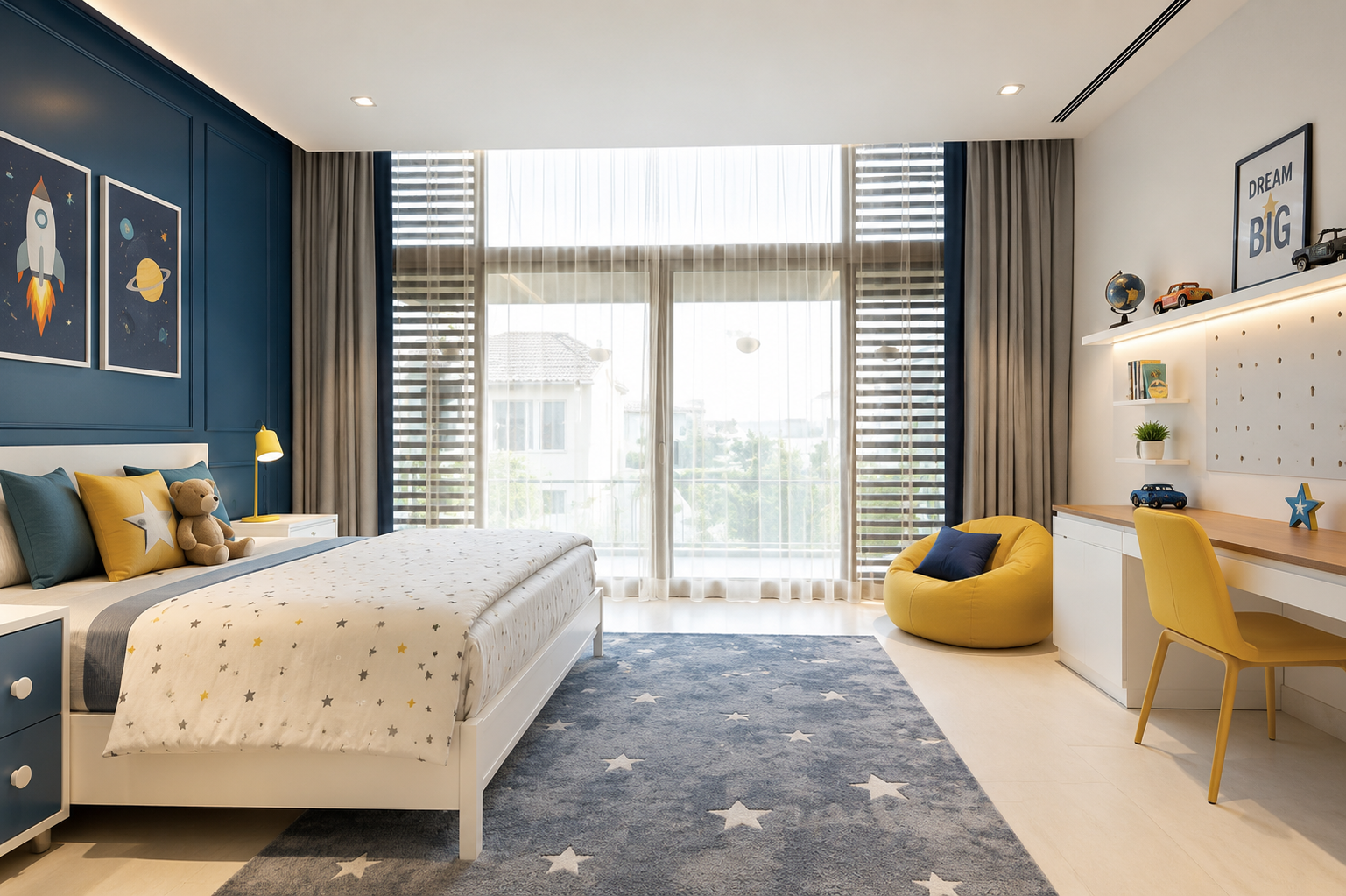 A children's bedroom with space-themed decor, large window with curtains, bed with stuffed bear and star pillows, blue accent wall with rocket and planet paintings, yellow bean bag, desk with yellow chair, shelves with toys and books, and a starry rug.