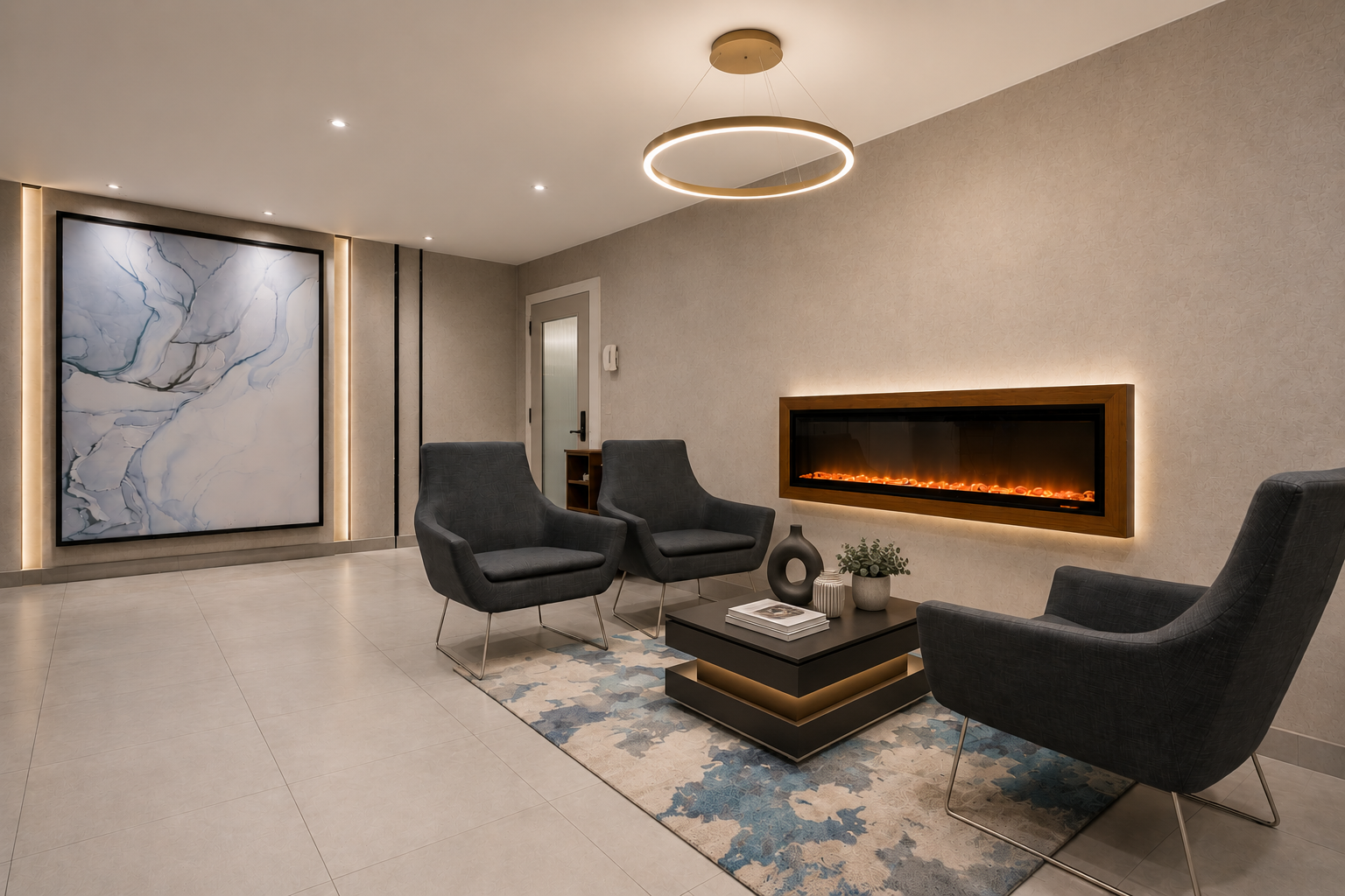Modern living room with three black chairs, a coffee table, an abstract painting, and an electric fireplace on a beige wall.