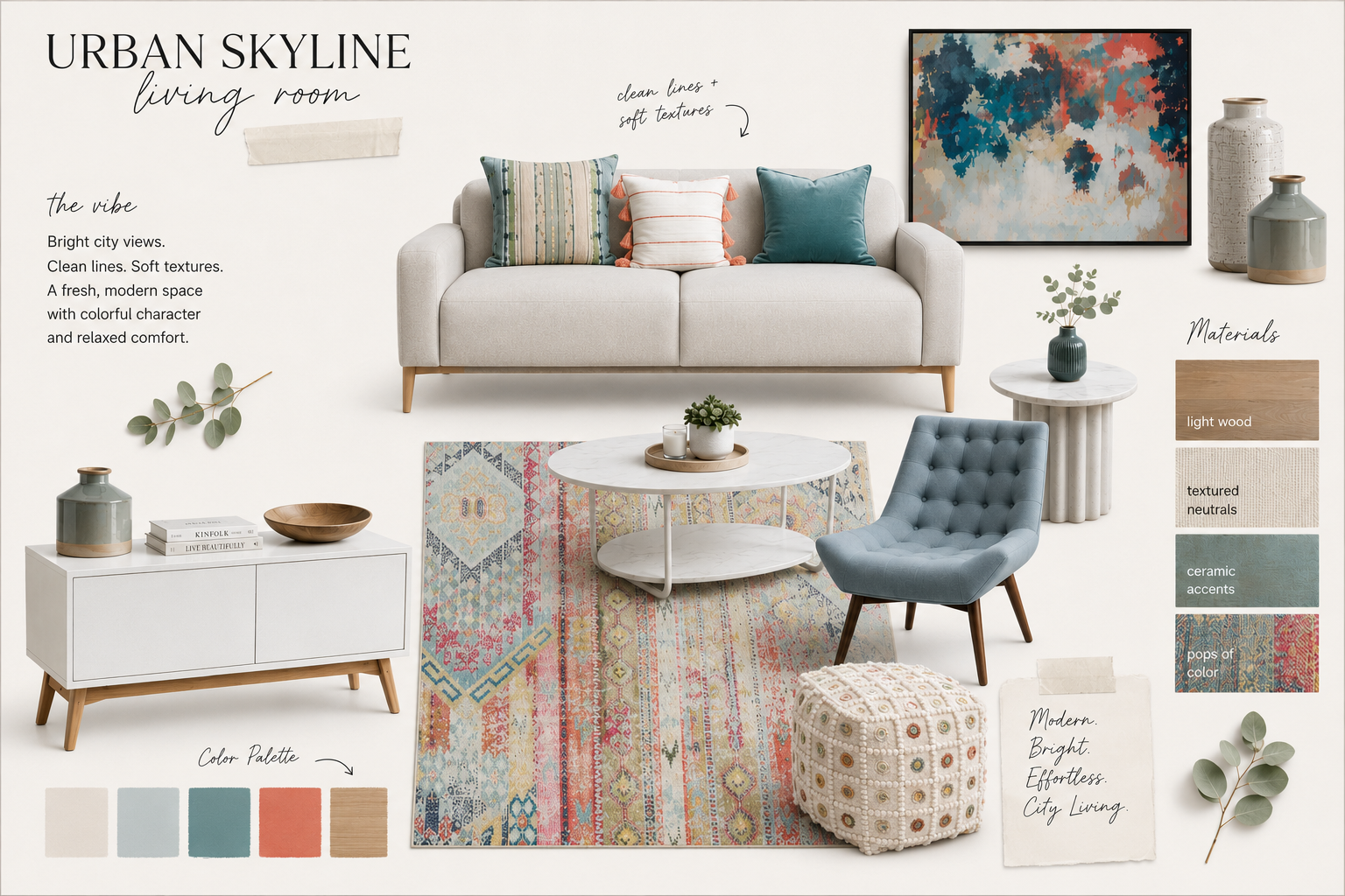 A modern living room with a light-colored sofa adorned with patterned cushions, a colorful patterned area rug, a white round coffee table with a potted plant and candles, a blue upholstered chair, and a white sideboard with decorative items. The room features light wood accents, abstract artwork, and sculptural vases, creating a bright city vibe.