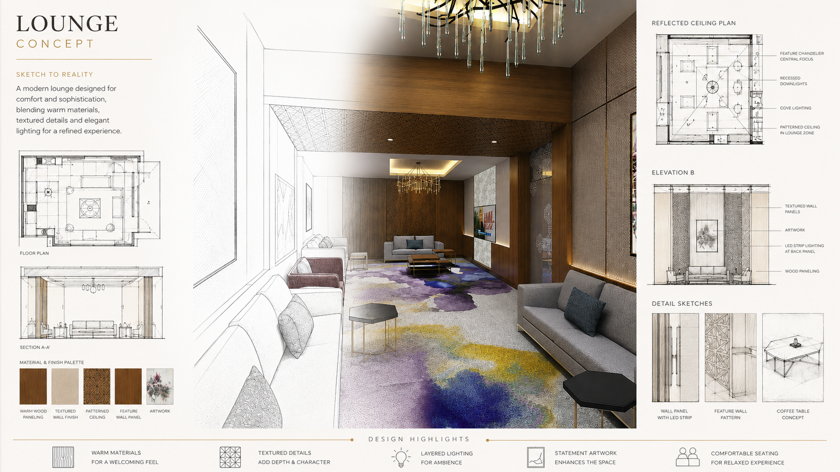 Design concept for a modern lounge with warm wood paneling, textured wall finishes, and elegant lighting, featuring sketches and plans alongside a real rendering of the space with sofas, a colorful rug, and a chandelier.